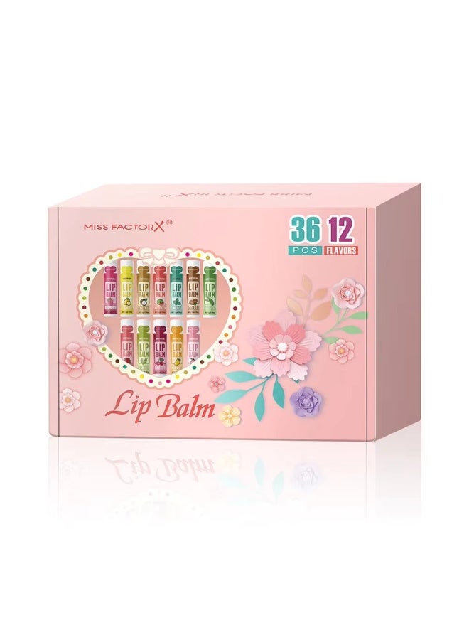 مجموعة هدايا مرطب الشفاه من ميس فاكتور إكس - 36 قطعة، 12 نكهة فواكه، علبة للعناية بالشفاه مرطبة ولامعة - Image 1